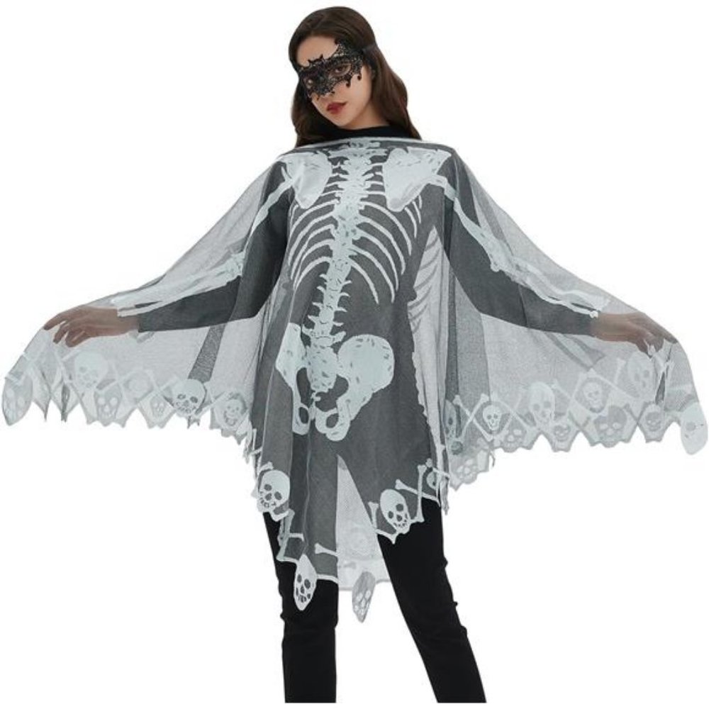 Women's Skeleton Halloween Costume Cape Poncho Includes Masquerade Mask One Size
